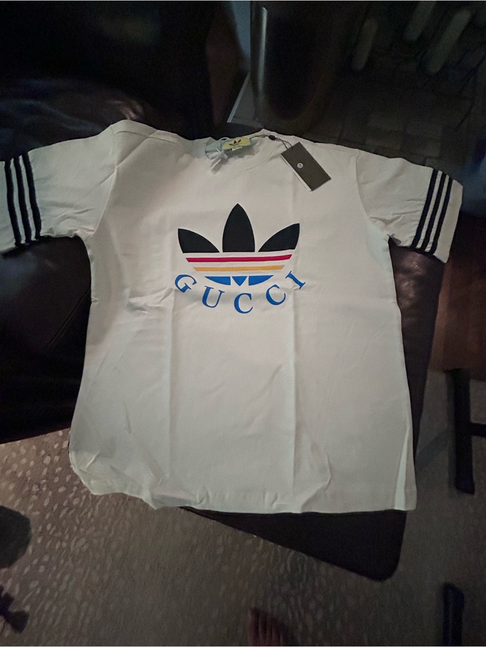 Gucci White Short-Sleeve Logo Tee with Navy and Multicolor Stripe